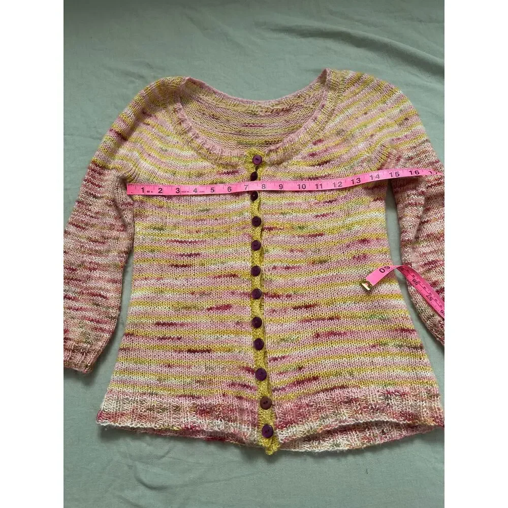 Handmade Knit Merino Wool Yellow Pink Button Up Cardigan Sweater Spring